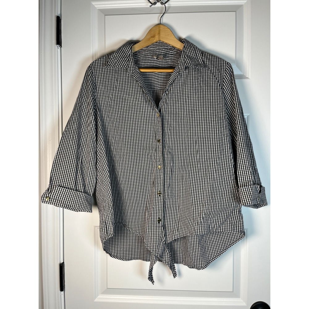 Anne Klein Womens Gingham Tie Front Button Down Shirt Black White Size L